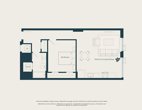 Floor plan for 1 bed, 1 bath, 722 sqft